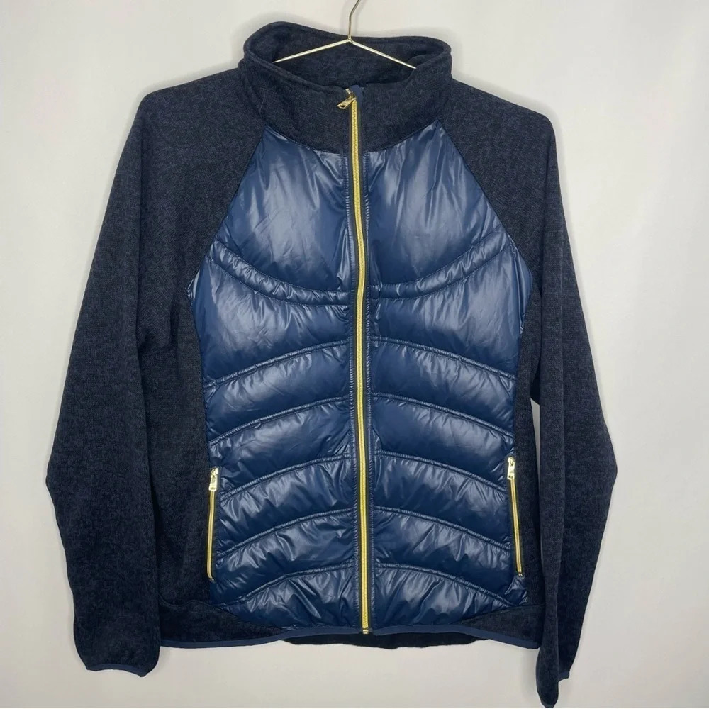 London Fog Down Filled Camping Hiking  Blue Puffer Knitted Sleeve Jacket